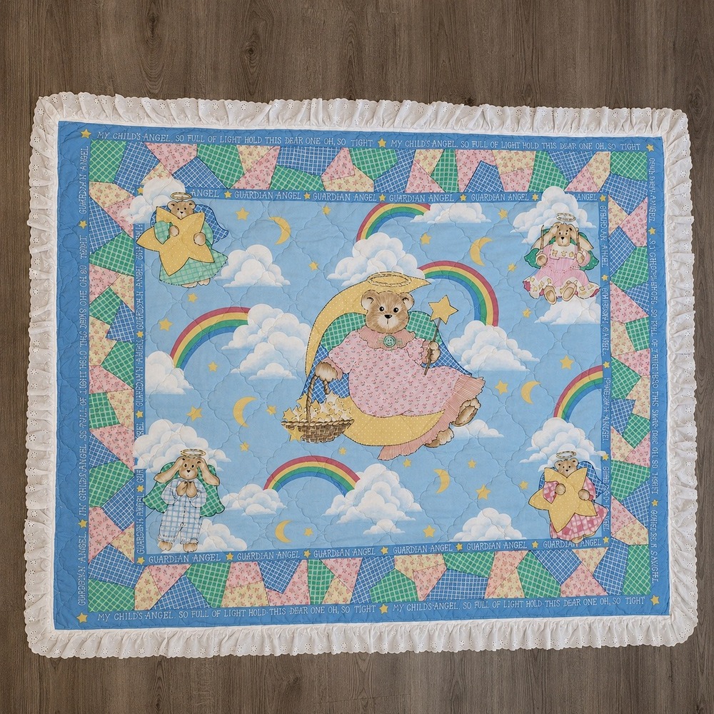 Vintage Guardian Angel Bear Reversible Baby Quilt Pastel Rainbow Eyelet Ruffle